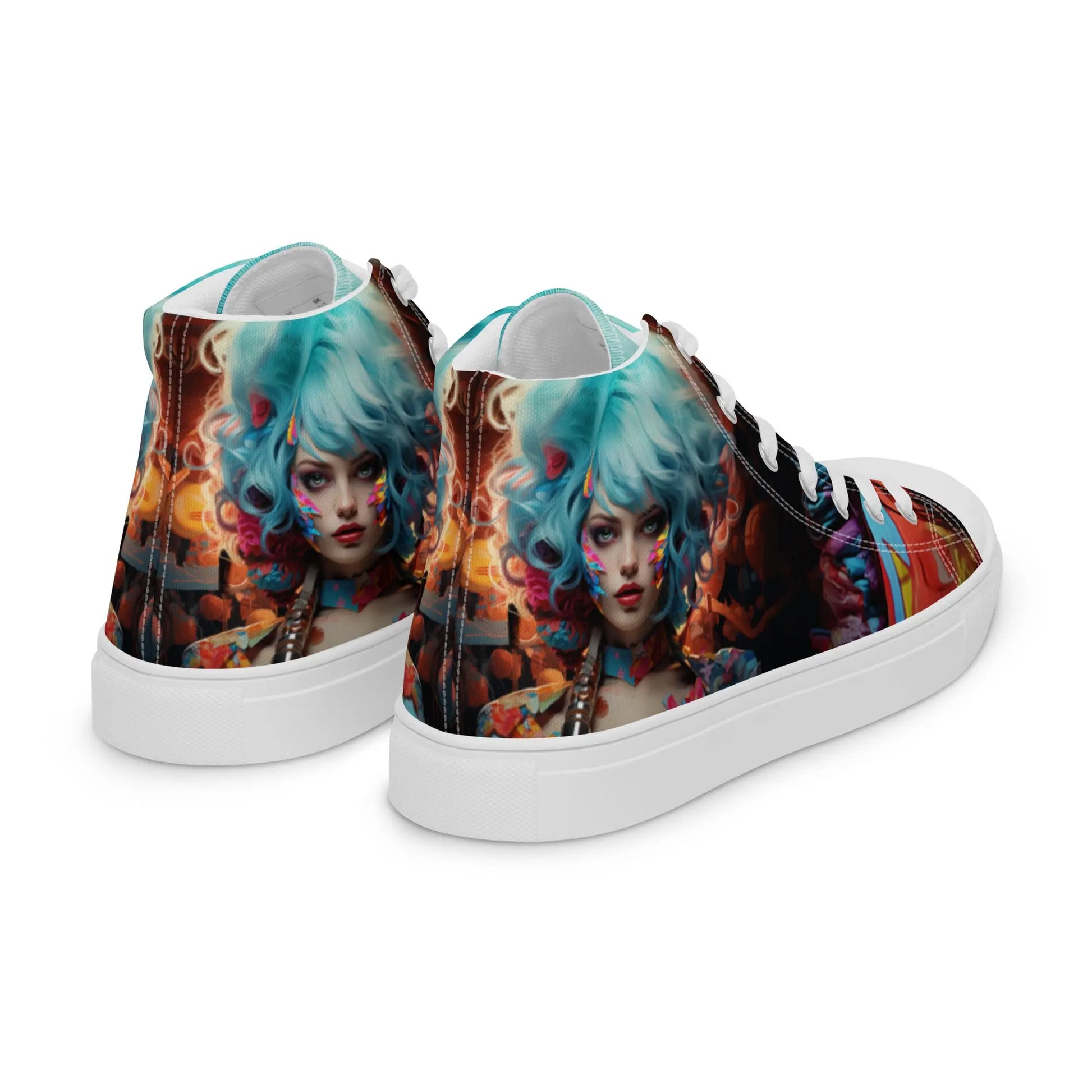 AI-Engineered Unisex High Top Sneakers: Superhero Girl Acidwave Pop Art Design, Style and Comfort with Durable, Art-Inspired Flair Kinetic Footwear