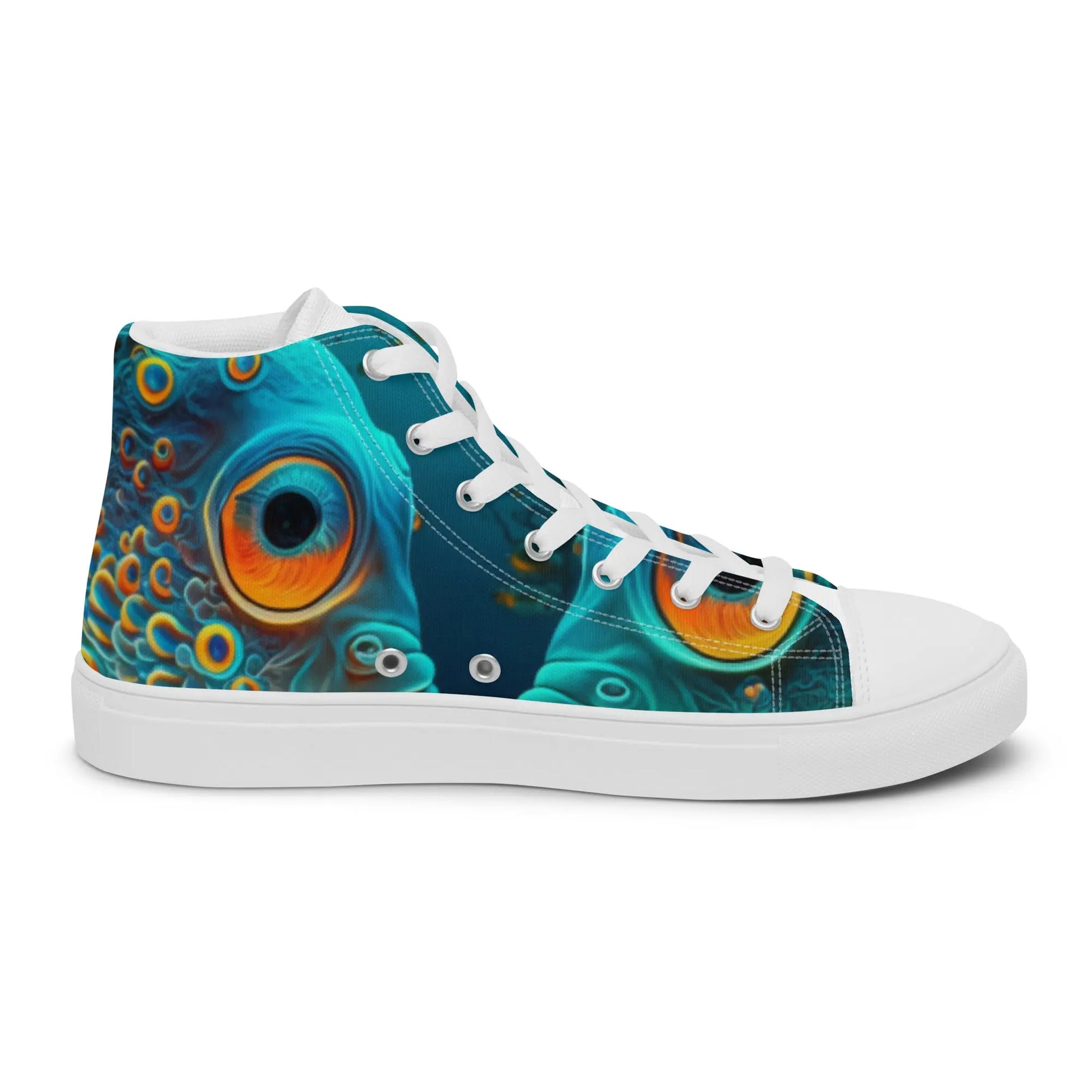 Fauvism Yellow Eye Fish High Top Sneakers: AI-Engineered, Unisex, Catch of the Season, Animal Print, Durable, Comfortable, Art-Inspired, SeaLife Design Kinetic Footwear