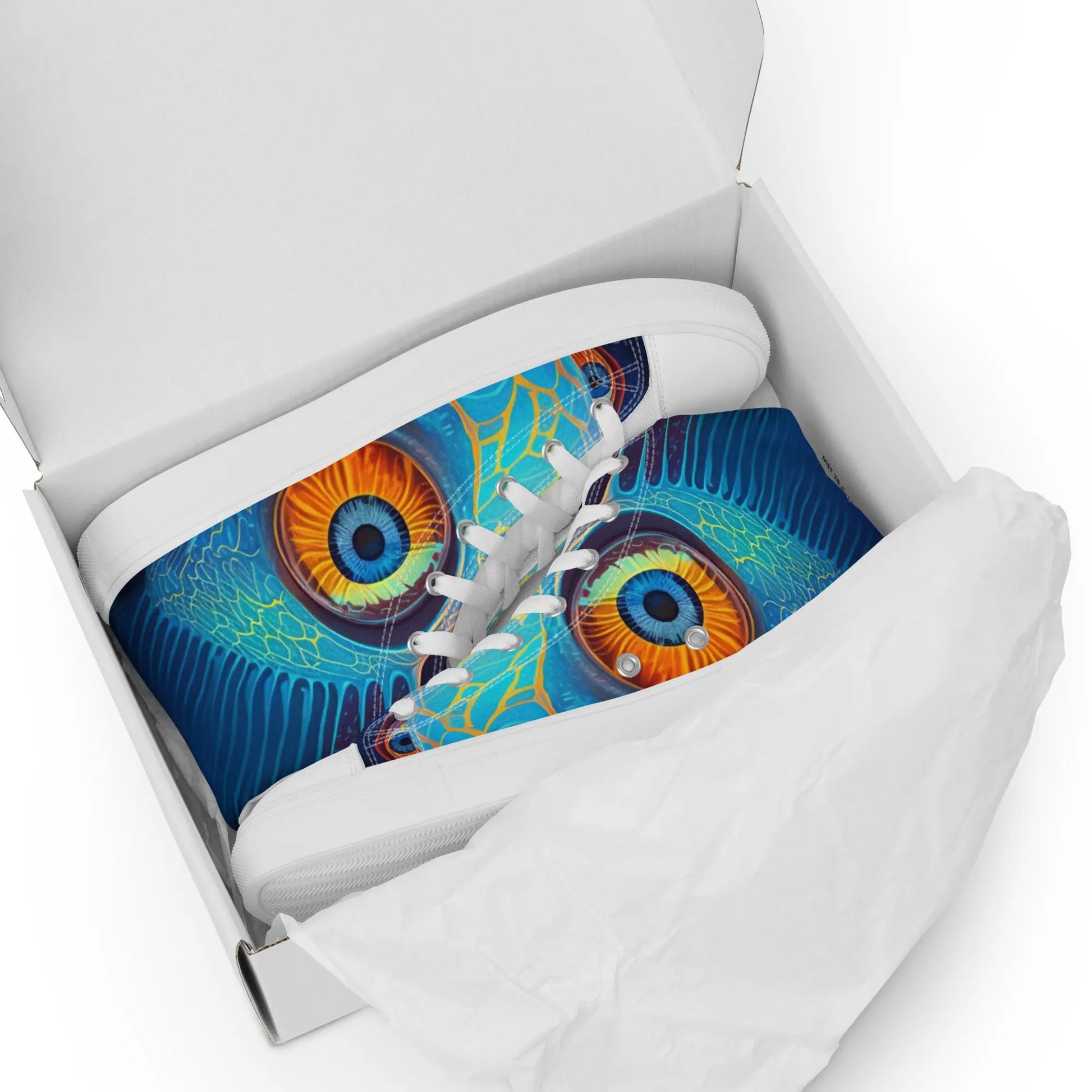 Futuristic Fauvism Blue Fish High Top Sneakers: AI-Engineered, Unisex, Style and Comfort with Durable, Art-Inspired, SeaLife, Animal Print Design Kinetic Footwear