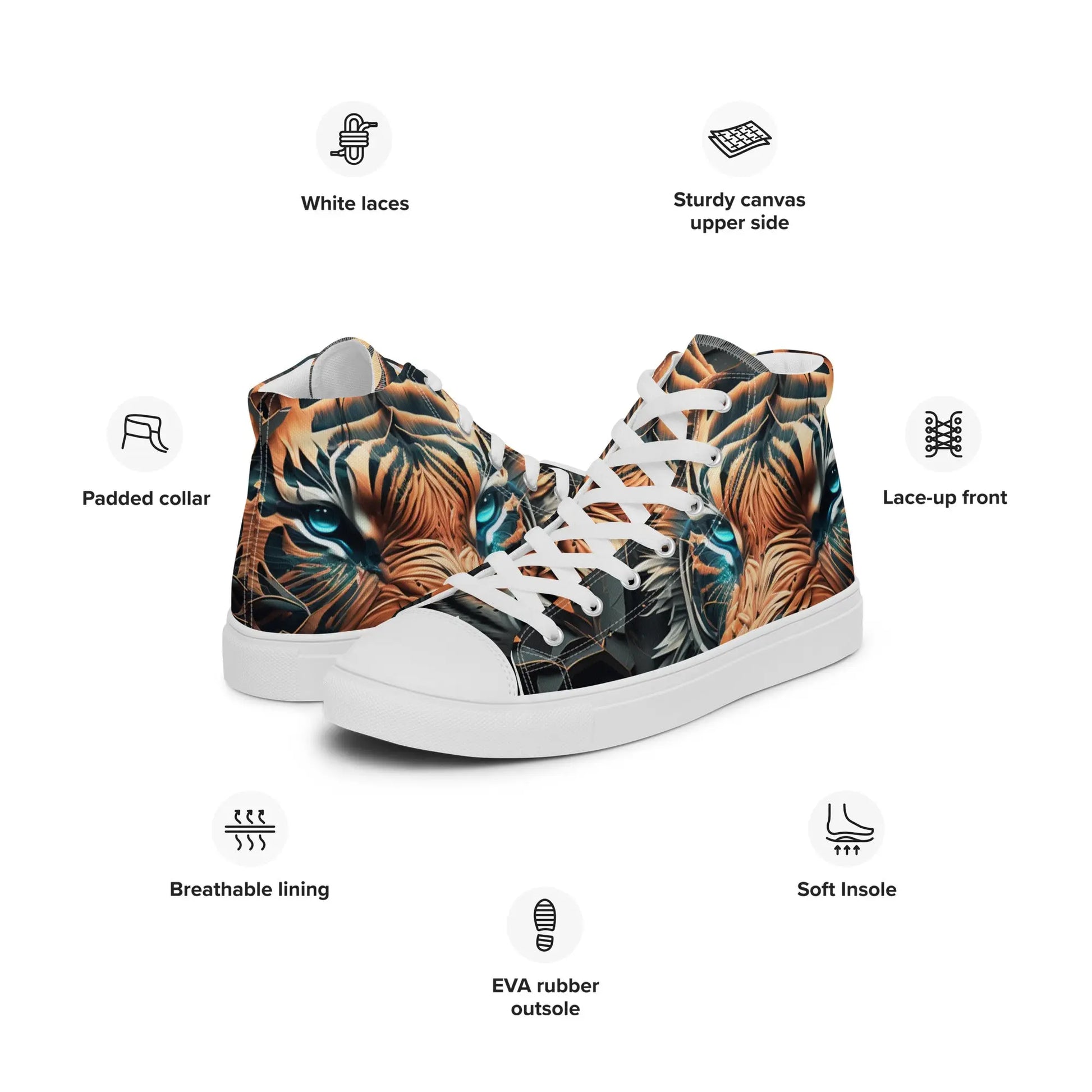 Futuristic Tiger High Top Sneakers: AI-Engineered, Unisex, Unleash Your Inner Beast with Durable, Comfortable, Animal Print, Art-Inspired Footwear Kinetic Footwear