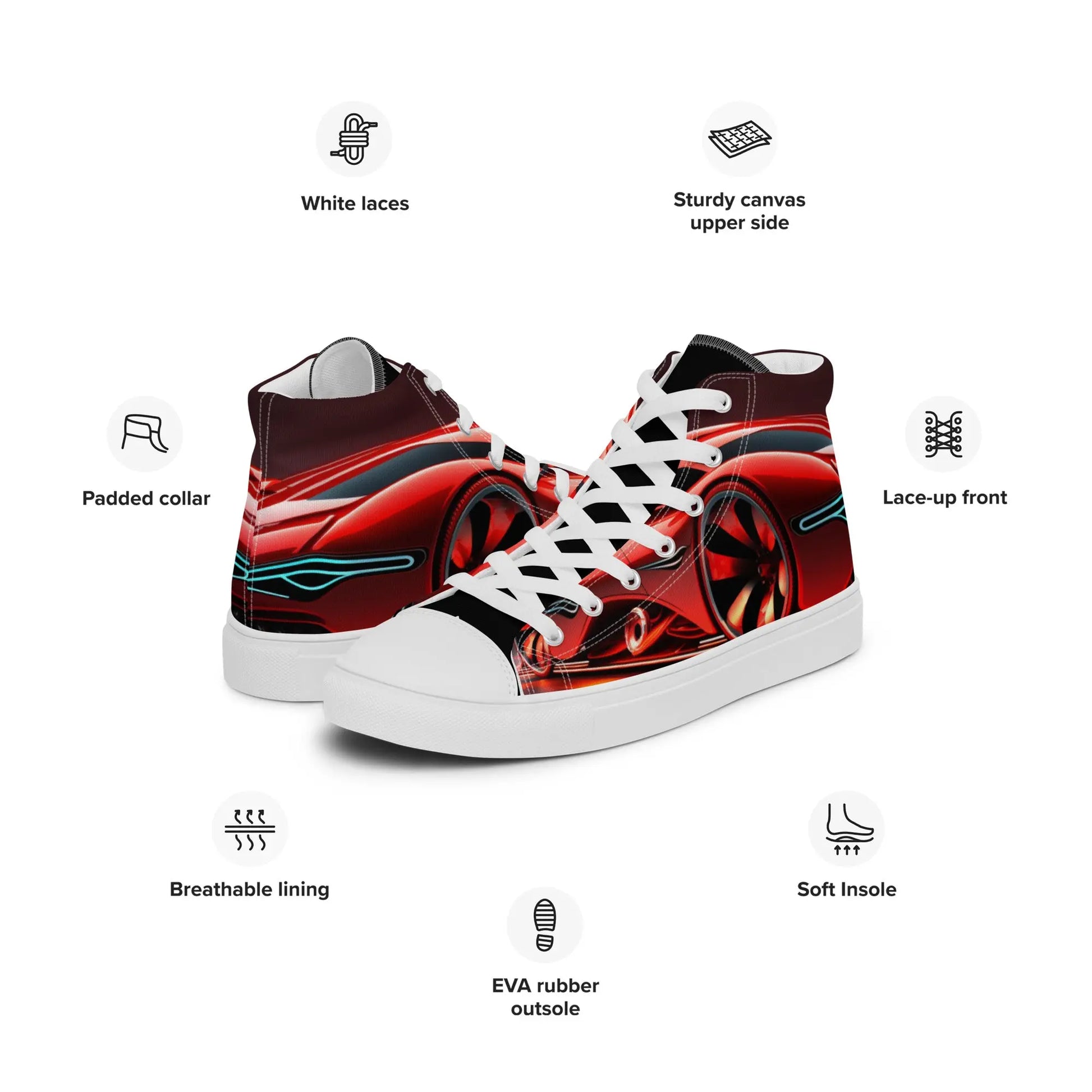 Glow in the Dark Speed High Top Sneakers: AI-Engineered, Unisex, Neon Red Car-Inspired, Durable, Comfortable Footwear for Nighttime Explorers Kinetic Footwear