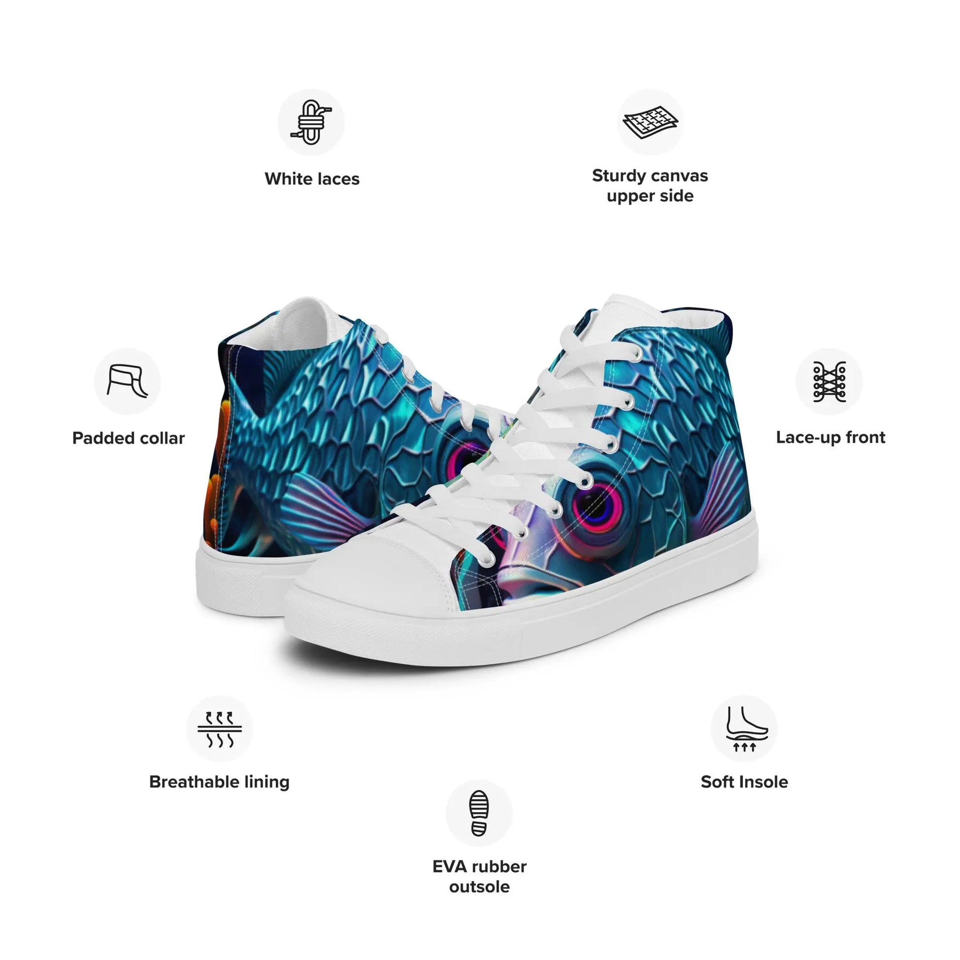 Niji Fish High Top Sneakers: AI-Engineered, Unisex, Step up Your Style Game with a Splash of Color, Animal Print, Durable, Comfortable, SeaLife, Art-Inspired Footwear Kinetic Footwear