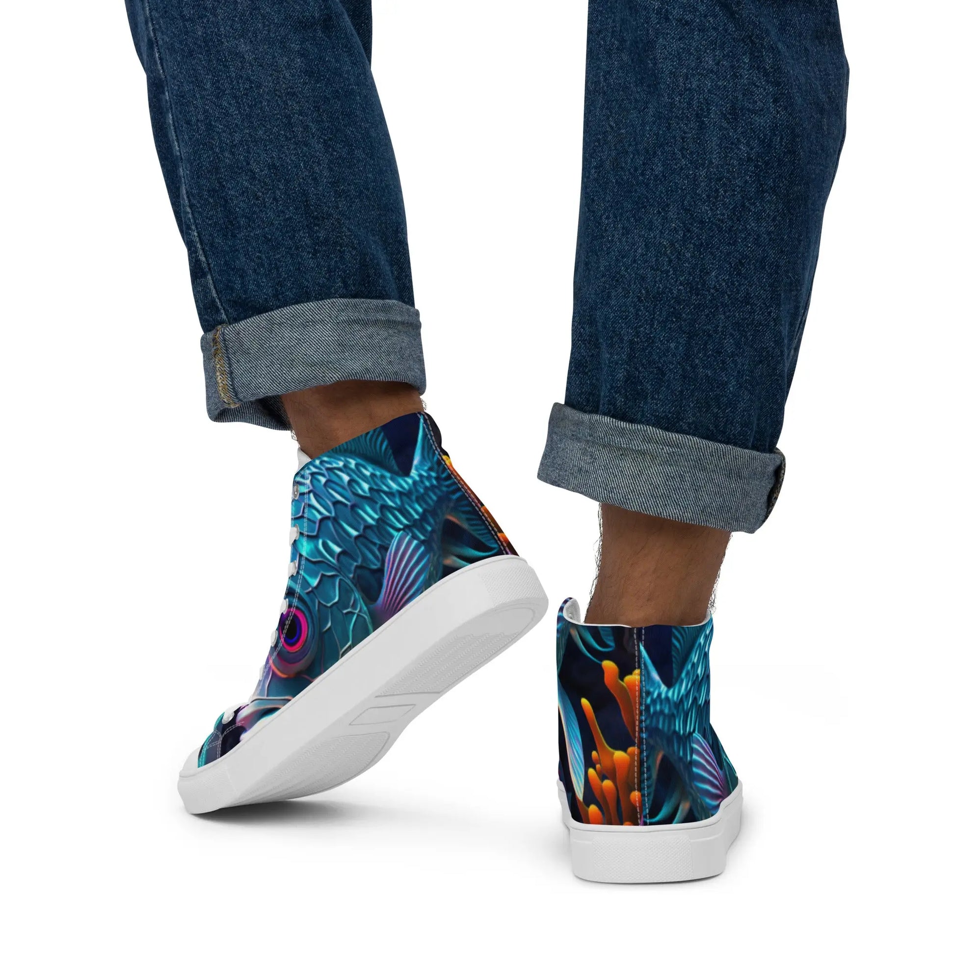 Niji Fish High Top Sneakers: AI-Engineered, Unisex, Step up Your Style Game with a Splash of Color, Animal Print, Durable, Comfortable, SeaLife, Art-Inspired Footwear Kinetic Footwear