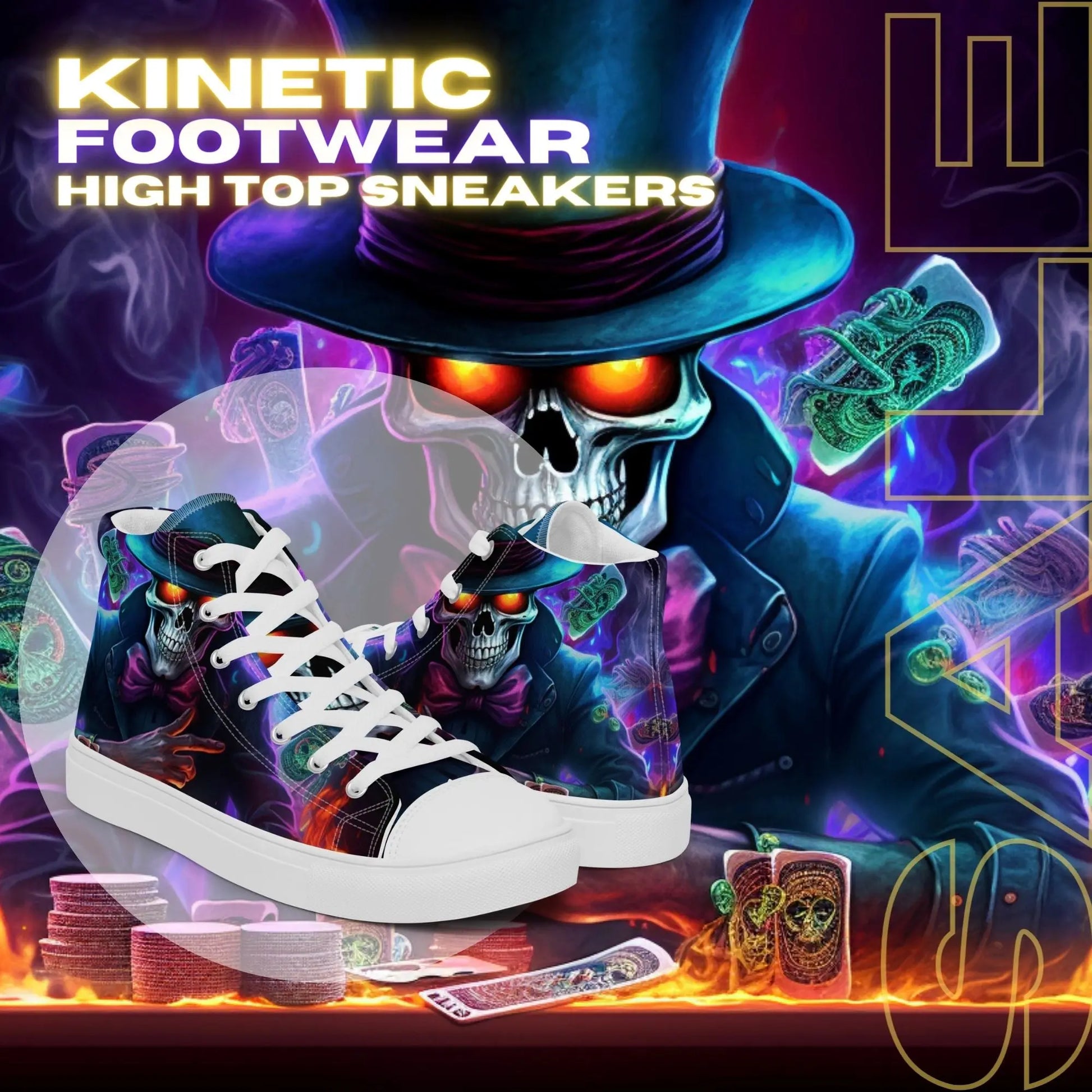 SkullFire High Top Sneakers: AI-Engineered, Unisex, Ignite Your Style with Durable, Comfortable, Edgy, Fire-Themed Footwear Kinetic Footwear