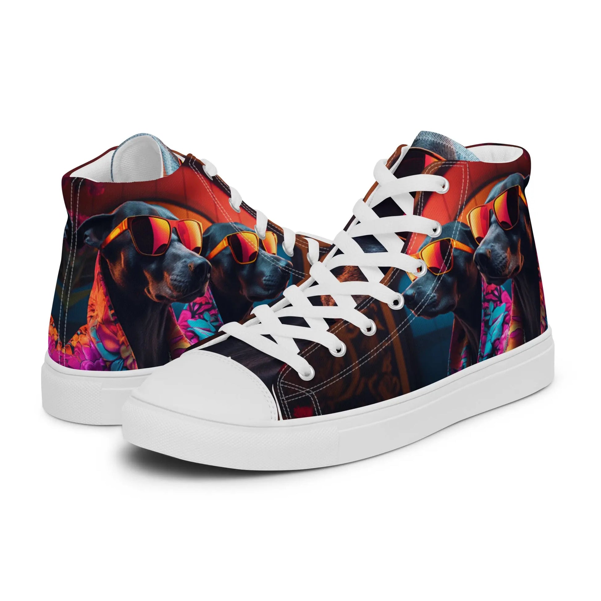 Vibrant Whimsy Suburban Garden Dog High Top Sneakers - AI-Engineered Unisex Footwear with Synthwave Flair and Whimsical Ankara Design Kinetic Footwear