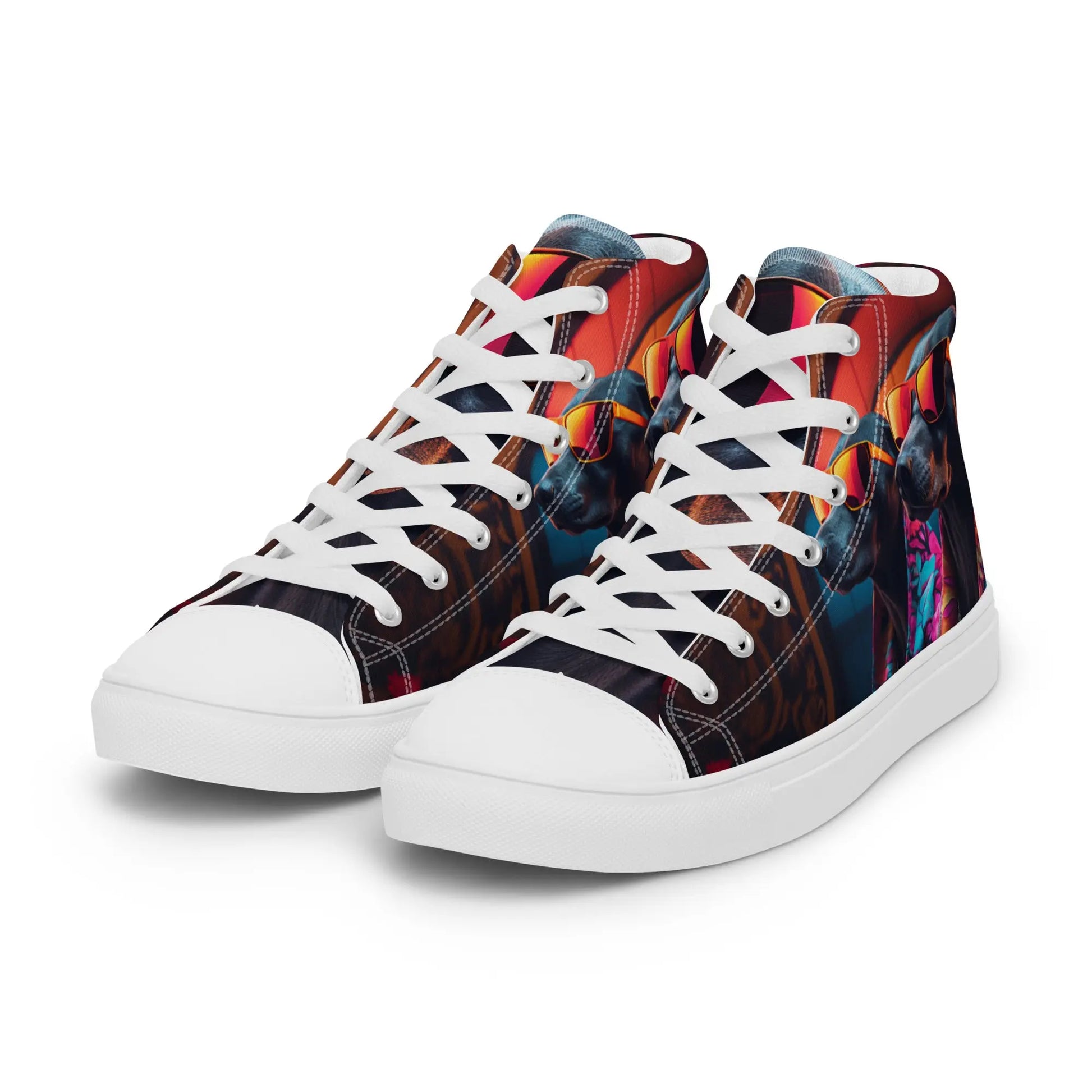 Vibrant Whimsy Suburban Garden Dog High Top Sneakers - AI-Engineered Unisex Footwear with Synthwave Flair and Whimsical Ankara Design Kinetic Footwear